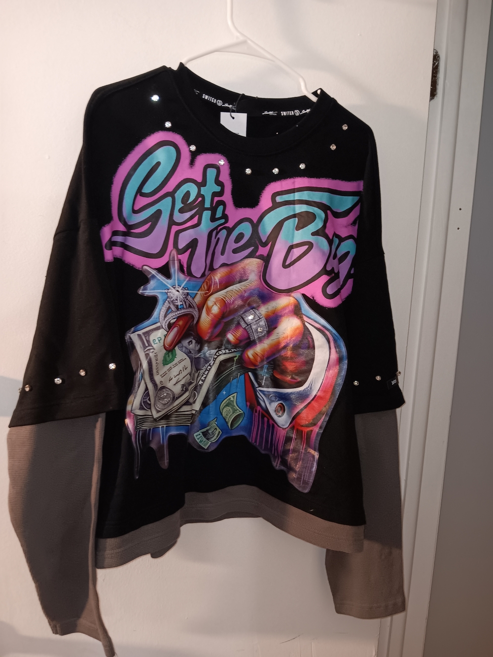 Black Graphic Layered Long Sleeve Top with Pink & Teal Script